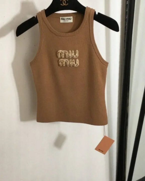 MIU MIU Tops - Miu Miu Camel Knit Tank with Beaded Logo